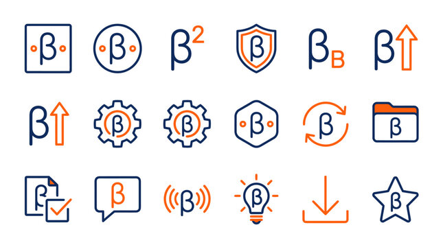 Collection of beta symbol icons representing software development and testing concepts