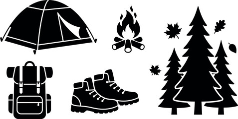 Obraz premium A detailed vector illustration depicting an autumn camping scene with a tent, backpack, hiking boots, and pine trees.