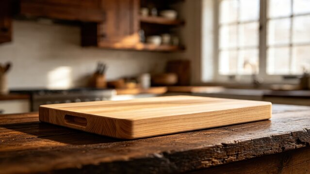 Clean wooden cutting board on rustic kitchen table, natural light, empty space for text overlay, culinary preparation surface, home cooking concept