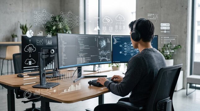 Software developer working at desk with multiple monitors displaying code and neural network diagrams, wearing headphones focused on programming artificial intelligence algorithms