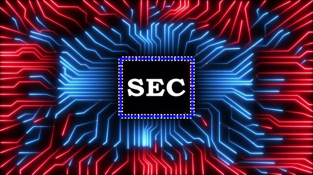 Digital security concept animation with glowing cpu chip and pulsing circuit lines.