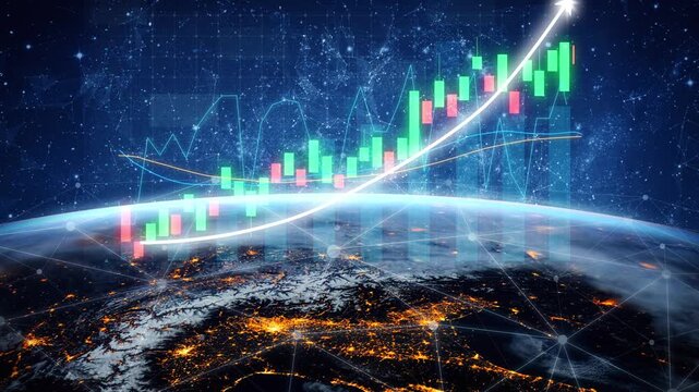 Explore the concept of financial growth with this dynamic illustration, showcasing market trends and global data connectivity over Earth with graphical elements. Copula