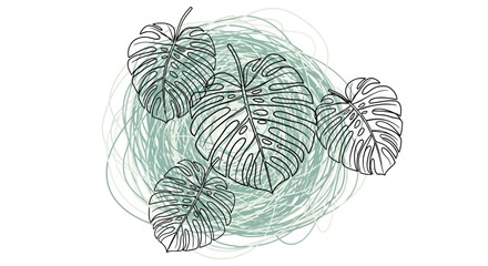 Monstera leaves line art with abstract green circle background © jidan