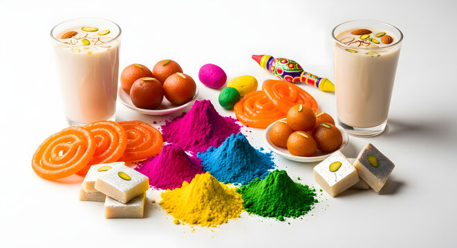 Vibrant Holi celebration scene with colorful powders, sweets, and drinks on a table.