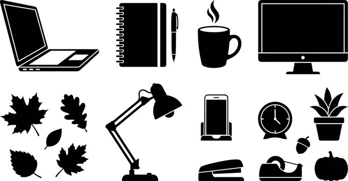 A detailed vector illustration featuring autumn leaves and various home office objects in black and white style.