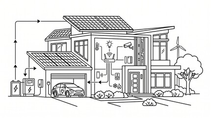 Fototapeta premium Renewable energy line art residential solar house with electric vehicle renewable electric