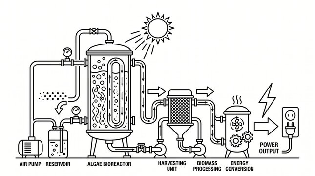 Renewable energy line art biofuel processing diagram with renewable industry technology chemical