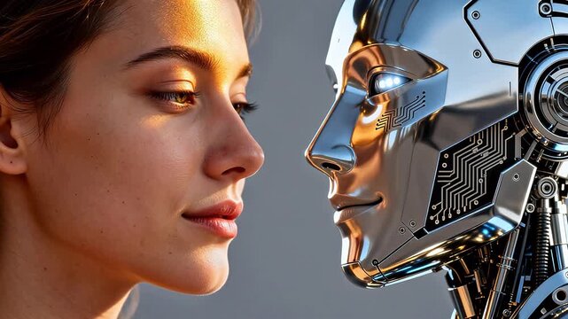 Woman and robot face to face