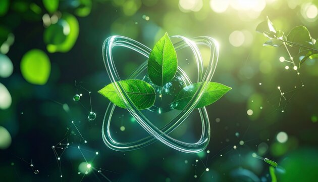 Green Energy Concept - Leaves Encased in Atomic Structure.