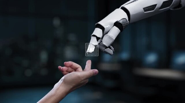 A human hand reaches out to a robotic hand, showcasing a blend of technology and human interaction with AI icons symbolizing innovation and digital progress. Synapse