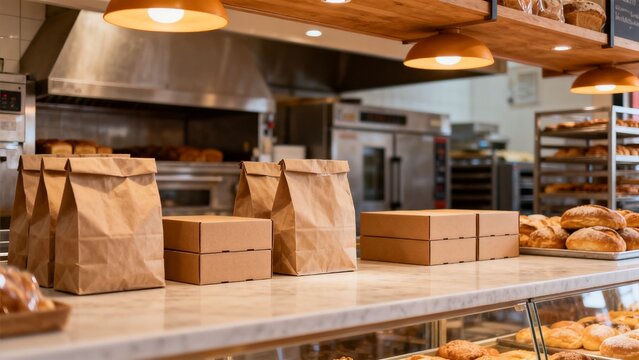 Local small business scene featuring paper bags unbranded boxes bakery inde