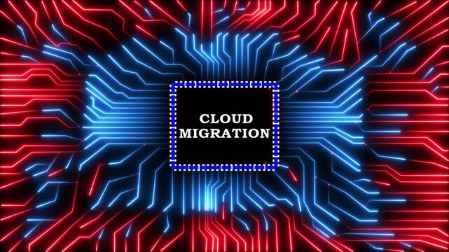 Cloud migration text displayed on digital circuit board with neon pulse motion.