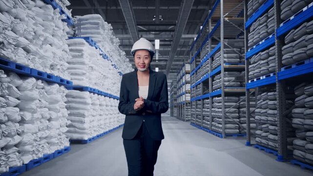 Front View of Asian Businesswoman Walking and Speech at Warehouse storage with stacked white sacks