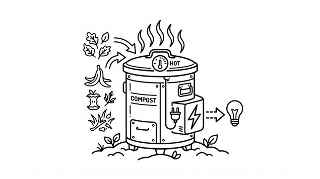 Renewable energy line art biomass waste processing with renewable recycling sustainable sketches