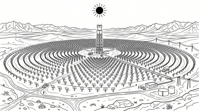 Renewable energy line art concentrated solar power plant with renewable sunlight sustainable