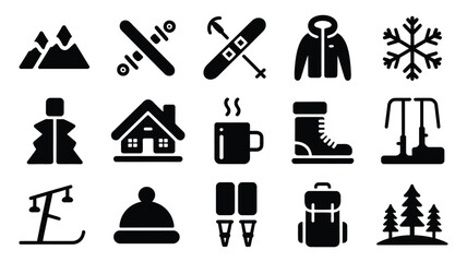 Winter themed icon bundle showcasing travel essentials cozy home comforts and snowy outdoor activities in minimalist black silhouette style © Shovon