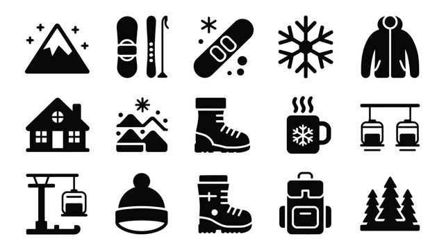 Minimalist winter travel iconset showcasing mountain peaks ski gear cozy cabin hiking boots and warm beverages for seasonal branding