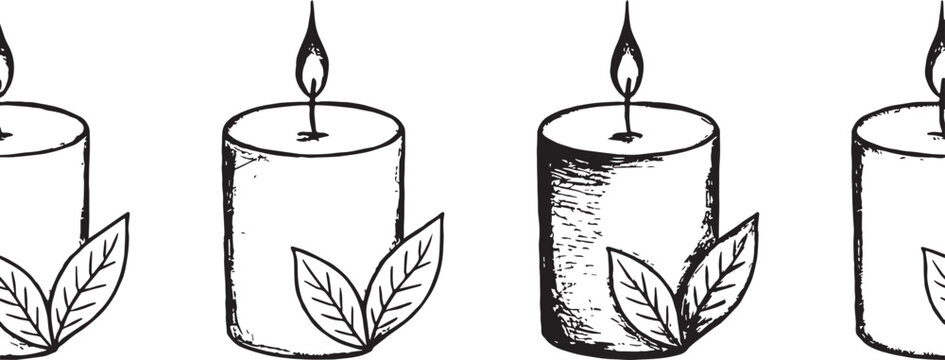 black and white illustration of candles with leaves on side