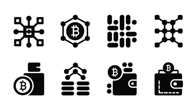 Modern digital icons illustrating blockchain technology cryptocurrency and decentralized networks for tech presentations
