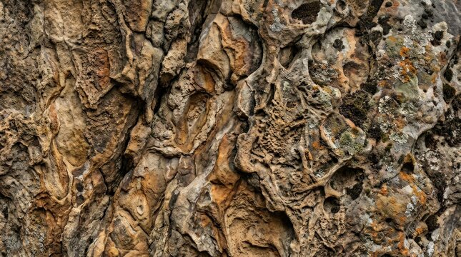 A close-up of a tree bark texture with a mix of brown, tan, and gray colors, featuring intricate patterns and textures. The background is blurred, emphasizing the bark's details.