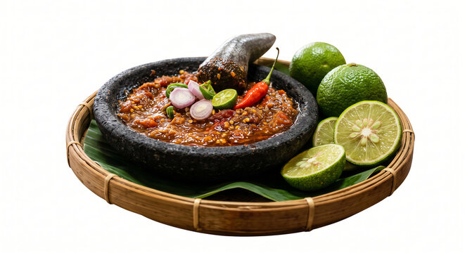 Traditional Indonesian shrimp paste chili sauce (sambal terasi) with fresh lime, isolated on a white background.