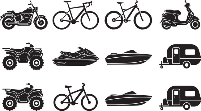 black silhouettes of various vehicles on white background