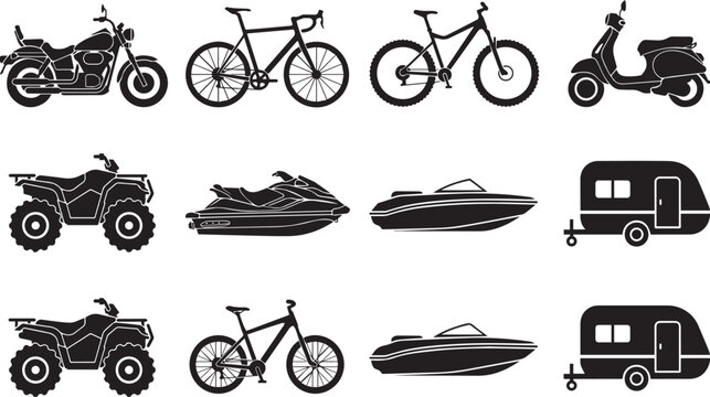 black silhouettes of various vehicles on white background
