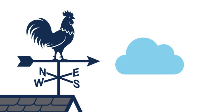 Rooster weather vane on roof with cloud.