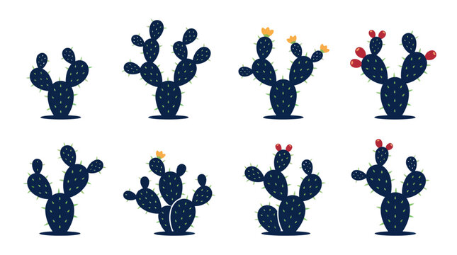 Prickly pear cactus succulent icons with blooming fruit.
