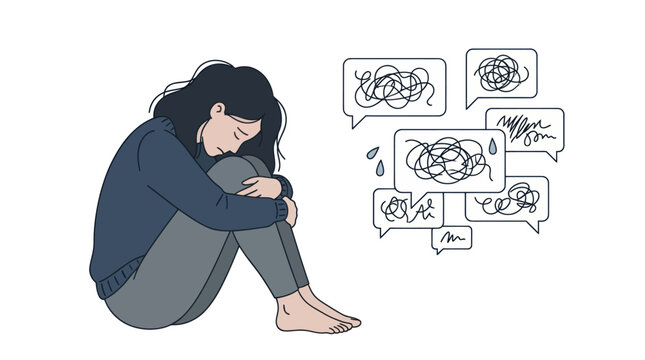 Sad woman sitting with chaotic anxiety thought bubbles.