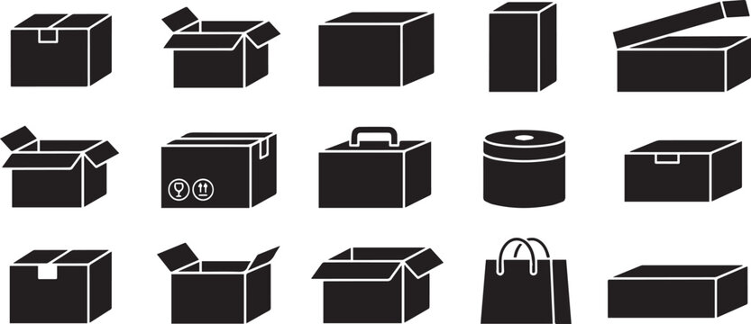 Collection of various black boxes and containers for storage and shipping