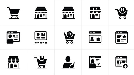 Naklejka premium Modern flat iconset illustrating e commerce concepts with shopping carts online profiles and storefronts for digital marketing