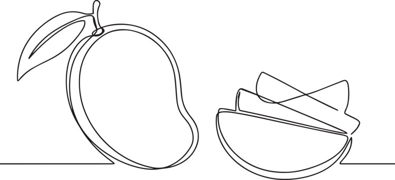 Line drawing of a sliced mango with leaf on white background