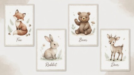 Fototapeta premium Educational nursery wall art cards featuring charming watercolor forest creatures including a fox a rabbit a bear and a deer with soft woodland foliage elements suitable for childrens room decor