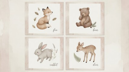 Fototapeta premium Four watercolor portraits showcasing a fox a bear a rabbit and a deer with botanical forest elements and cursive labels for nursery decor and educational purposes for children in a soft artistic
