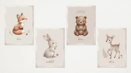 Fototapeta premium Set of four nursery wall art prints featuring cute woodland animals such as a fox a rabbit a bear and a deer with soft watercolor brush strokes and delicate botanical calligraphy for room decor