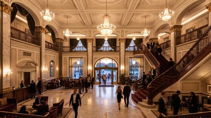 Obraz premium Elegant Hotel Lobby with Grand Staircase and Chandelier Lighting