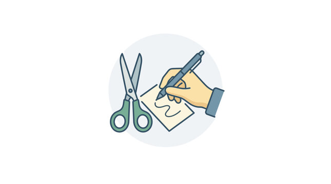 Hand writing on paper next to scissors, creative process, DIY, crafting concept illustration