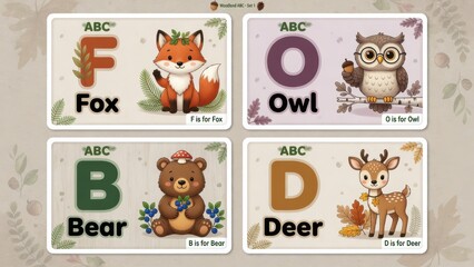 Fototapeta premium Educational woodland animal alphabet flashcards showcasing a fox an owl a bear and a deer for teaching language and literacy skills to young children in a nursery school or home learning environm