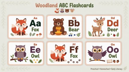 Fototapeta premium Educational flashcards showcasing woodland animal characters paired with alphabet letters to support literacy development and early childhood learning programs for toddlers in a classroom or home