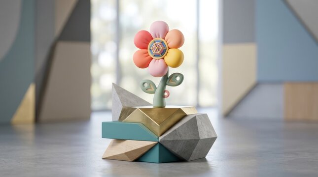 A colorful, abstract sculpture of a flower with a face, placed on a geometric base with a colorful, abstract background.