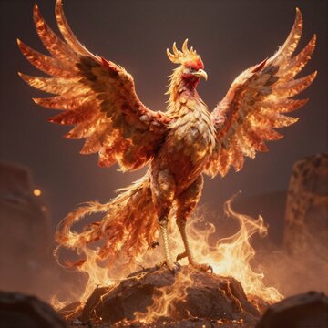 Majestic phoenix bird with fiery wings rising from a volcanic landscape