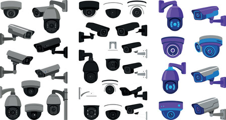CCTV Security Camera Vector Mega Collection in Gray Black and Purple Colors with Dome Bullet and PTZ Surveillance Types © MDEsmayil
