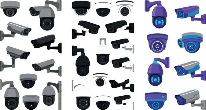 CCTV Security Camera Vector Mega Collection in Gray Black and Purple Colors with Dome Bullet and PTZ Surveillance Types