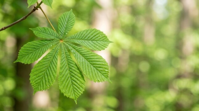 green palmately compound leaf radiating leaflets with copy space photo