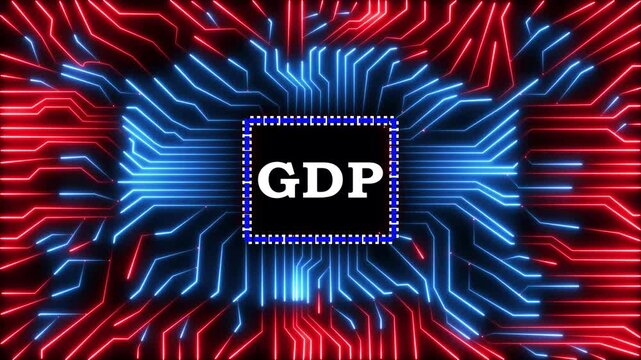 Digital processor chip displaying gdp acronym with glowing red blue circuit network.