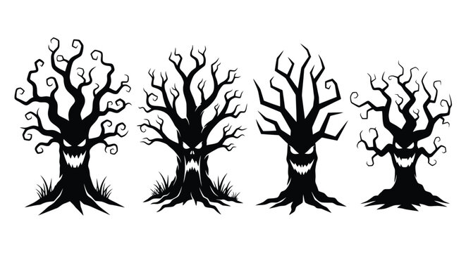 A collection of four spooky Halloween monster trees with evil faces and gnarled branches.
