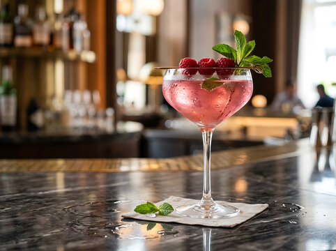 A refreshing pink raspberry cocktail garnished with fresh raspberries and mint leaves, served on a marble bar.