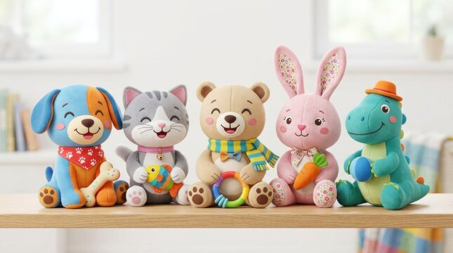 A collection of colorful stuffed animals, including a dog, cat, bear, rabbit, and dinosaur, arranged on a shelf with a white background and wooden shelf.