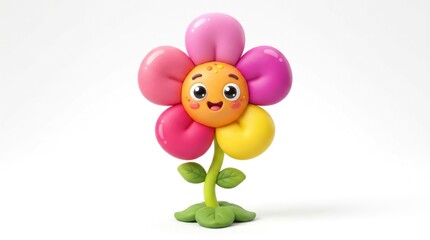 Naklejka premium A colorful, cartoon-style flower with pink and purple petals, green leaves, and a smiling face, standing on a green stem with green leaves in a white background.
